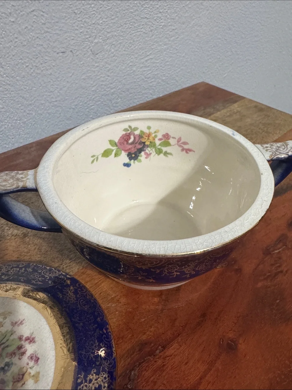 Vintage Salem Century Cobalt Blue Sugar Bowl 23K Gold Filigree Fine China w Lid